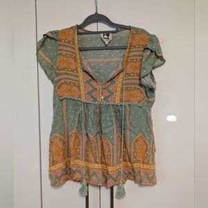 Jaase Handshaped in the Shed Anthropologie Boho Short Sleeve Blouse